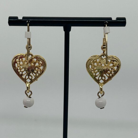 Vintage Gold-Tone Heart Drop Earrings With White Accents & Filigree Design - Picture 13 of 16